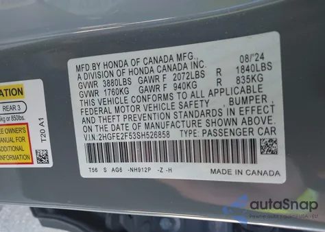 2025 Honda Civic Sport from USA, damaged, VIN 2HGFE2F53SH526858